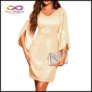 Sequin Bodycon Dress V-Neck 3/4 Sleeves Formal Cocktail Prom